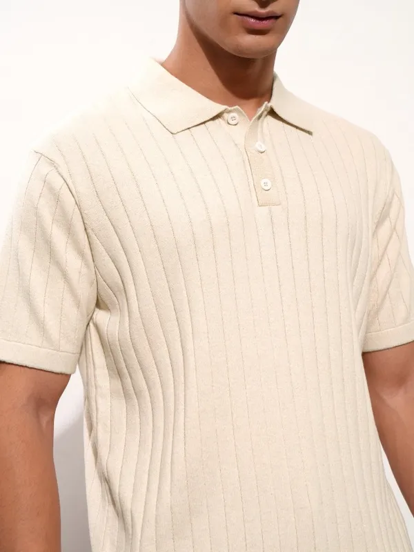 Highlander Men Beige Self Design Polo Collar T-Shirt