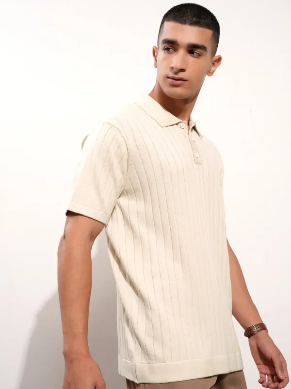 Highlander Men Beige Self Design Polo Collar T-Shirt