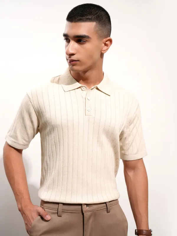 Highlander Men Beige Self Design Polo Collar T-Shirt