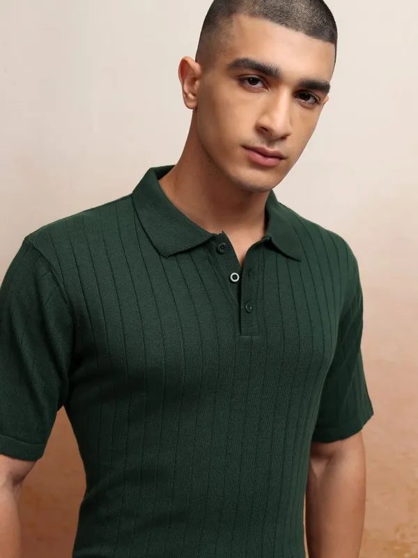 Highlander Men Green Self Design Polo Collar T-Shirt