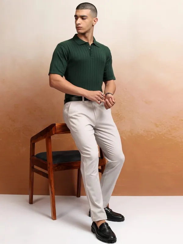 Highlander Men Green Self Design Polo Collar T-Shirt