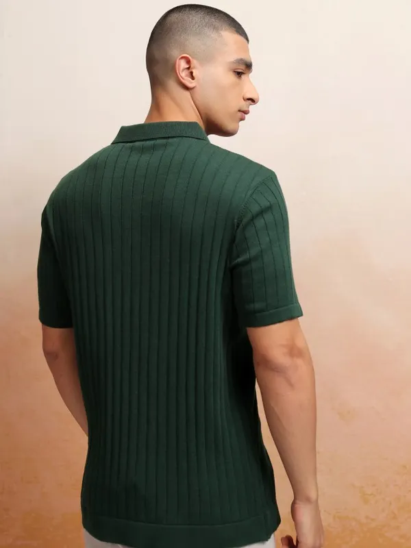 Highlander Men Green Self Design Polo Collar T-Shirt