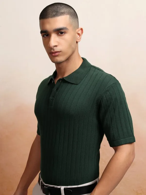 Highlander Men Green Self Design Polo Collar T-Shirt