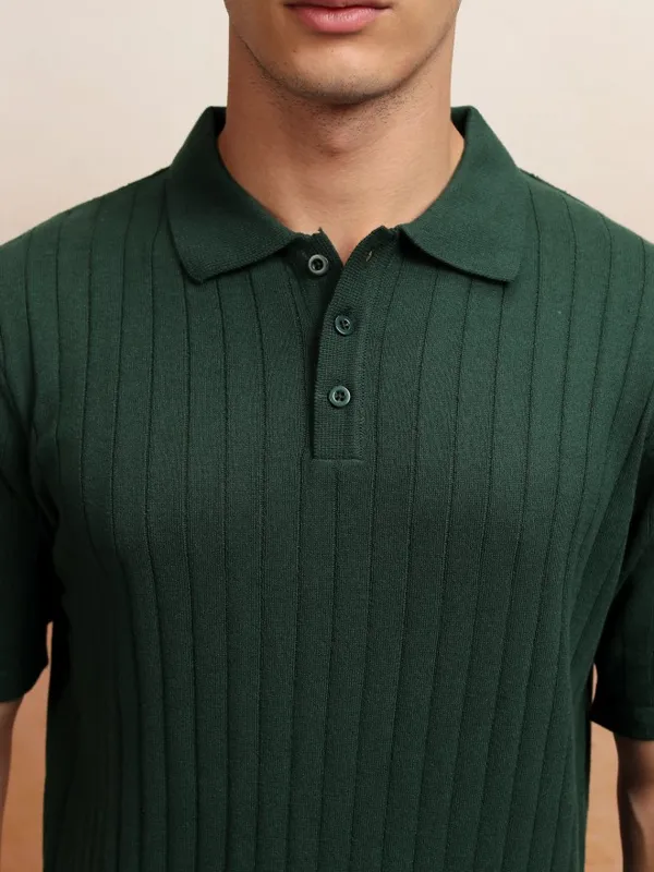 Highlander Men Green Self Design Polo Collar T-Shirt