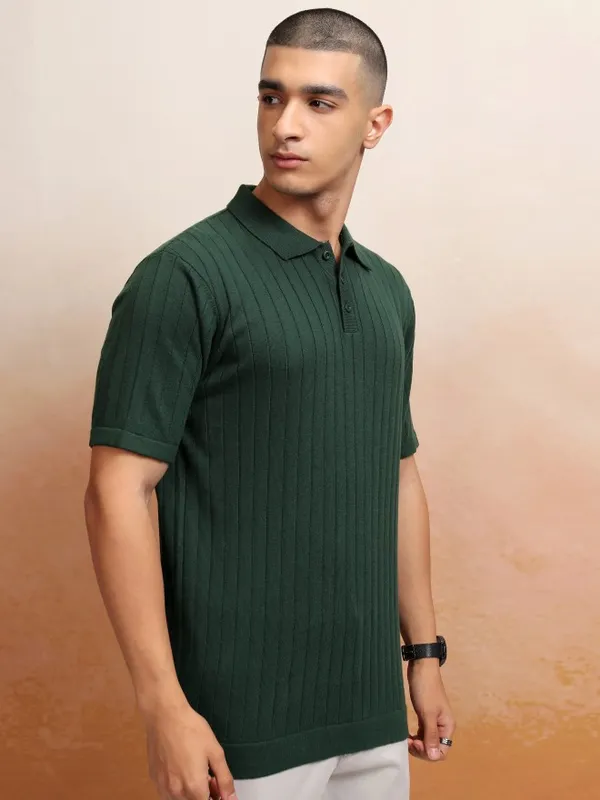 Highlander Men Green Self Design Polo Collar T-Shirt