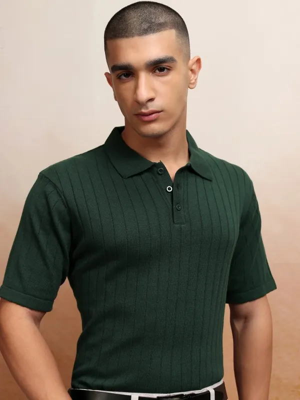 Highlander Men Green Self Design Polo Collar T-Shirt
