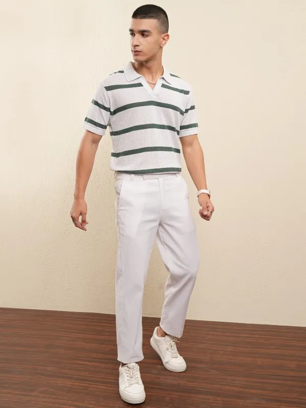 Highlander Men White Striped Polo Collar T-Shirt
