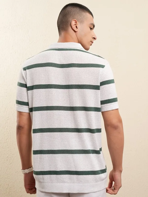 Highlander Men White Striped Polo Collar T-Shirt
