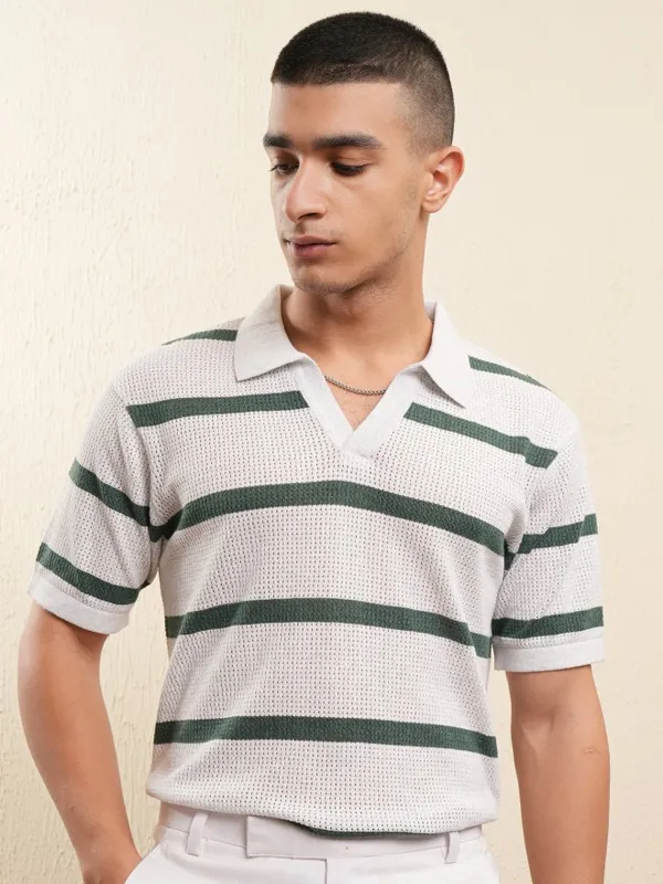 Highlander Men White Striped Polo Collar T-Shirt