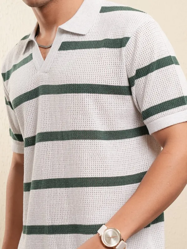 Highlander Men White Striped Polo Collar T-Shirt