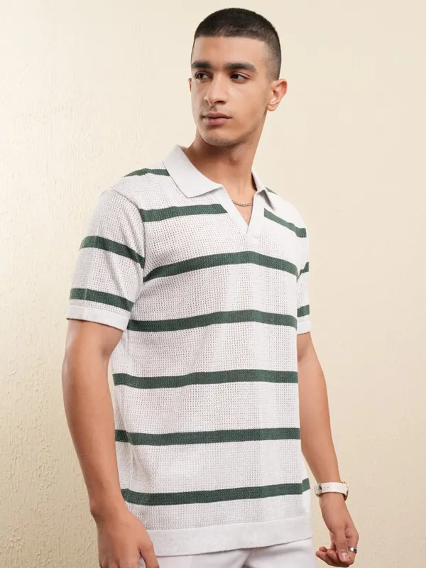 Highlander Men White Striped Polo Collar T-Shirt