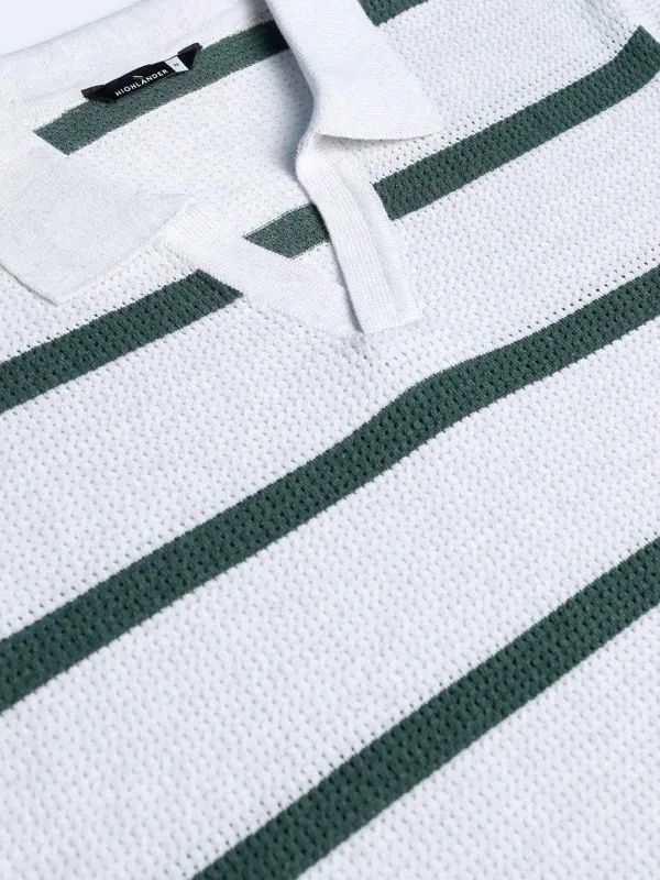 Highlander Men White Striped Polo Collar T-Shirt