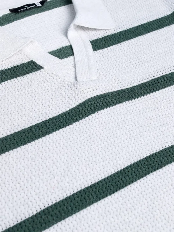 Highlander Men White Striped Polo Collar T-Shirt