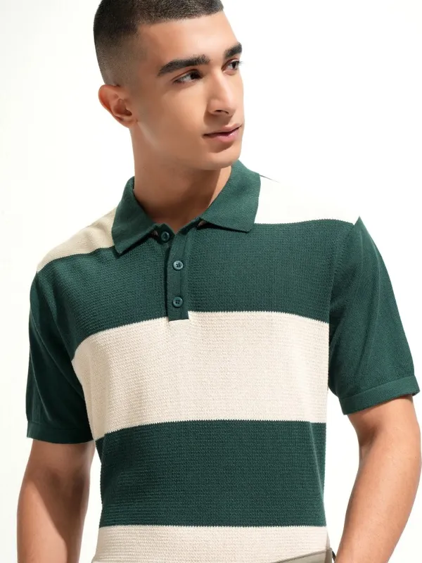 Highlander Men Green Colourblocked Polo Collar T-Shirt