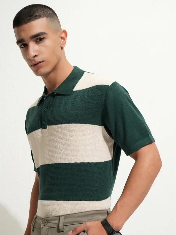 Highlander Men Green Colourblocked Polo Collar T-Shirt