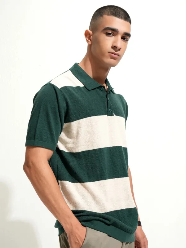 Highlander Men Green Colourblocked Polo Collar T-Shirt