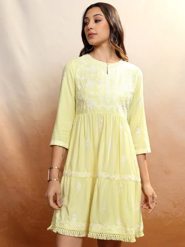 Vishudh Women Yellow Embroidered A-Line Dress