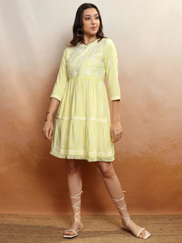 Vishudh Women Yellow Embroidered A-Line Dress