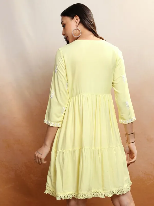 Vishudh Women Yellow Embroidered A-Line Dress