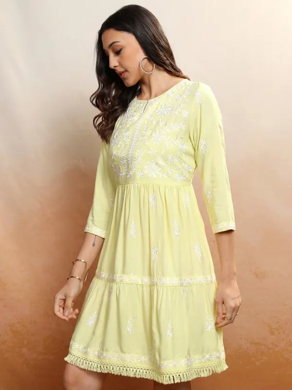 Vishudh Women Yellow Embroidered A-Line Dress