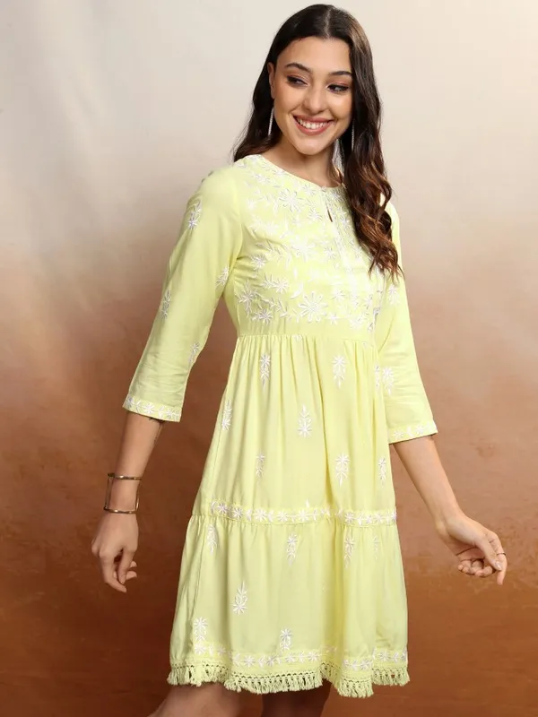 Vishudh Women Yellow Embroidered A-Line Dress