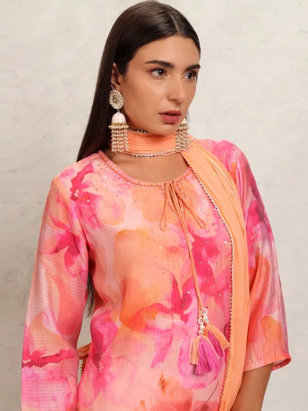 Vishudh Women Orange Printed Kurta With Trouser And Dupatta
