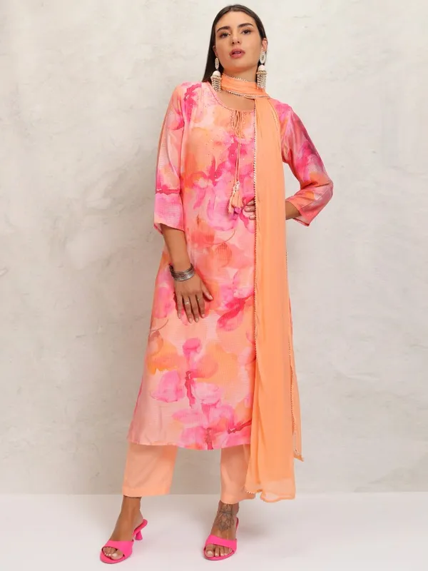 Vishudh Women Orange Printed Kurta With Trouser And Dupatta