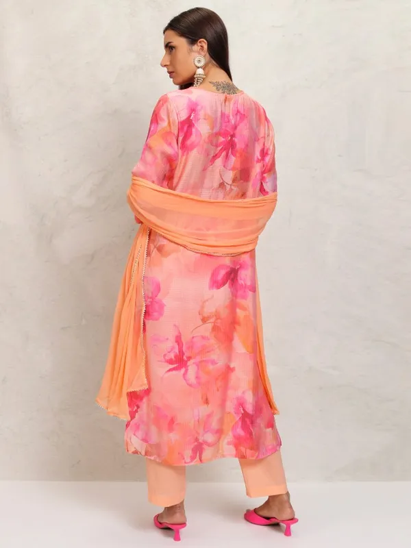 Vishudh Women Orange Printed Kurta With Trouser And Dupatta