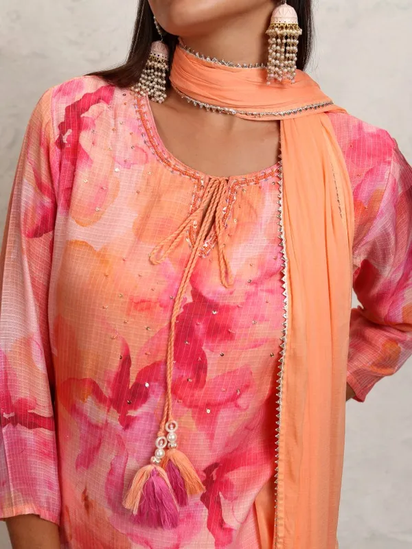 Vishudh Women Orange Printed Kurta With Trouser And Dupatta