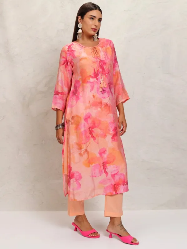 Vishudh Women Orange Printed Kurta With Trouser And Dupatta