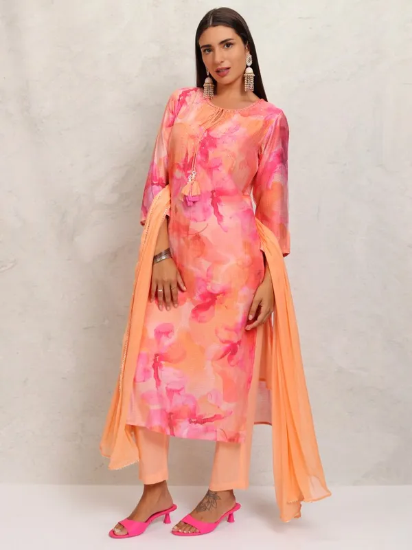 Vishudh Women Orange Printed Kurta With Trousers & Dupatta