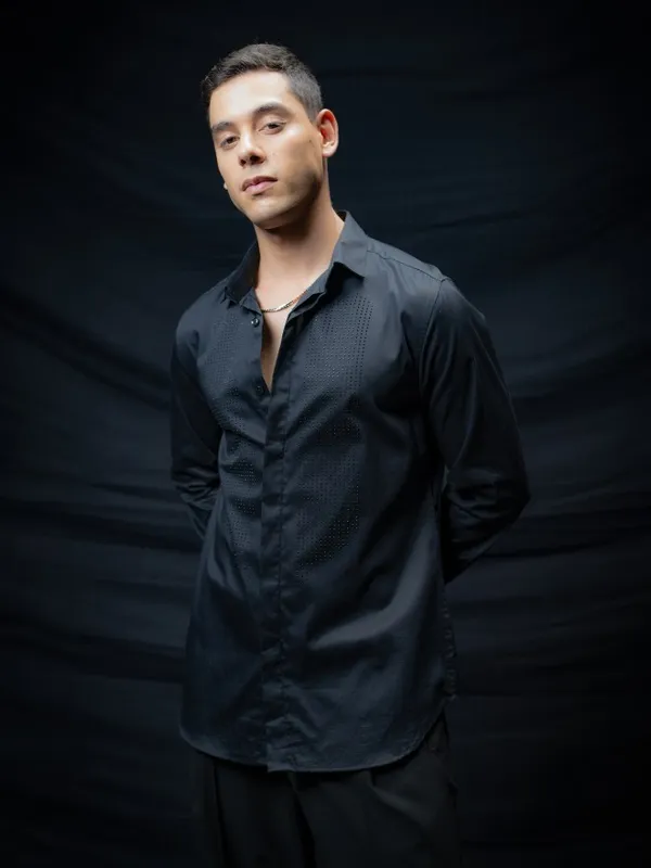 Highlander Men Black Embellished Slim Fit Casual Shirt