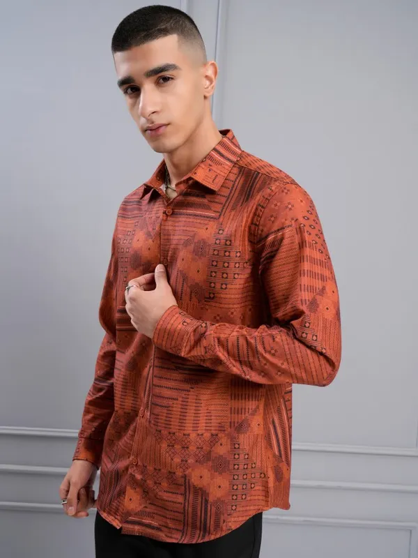 Highlander Men Orange Printed Slim Fit Casual Shirt