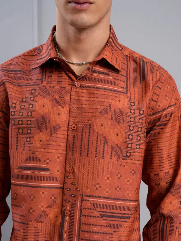 Highlander Men Orange Printed Slim Fit Casual Shirt