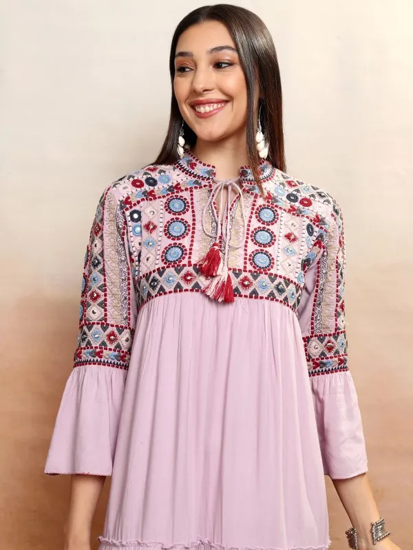 Vishudh women Lavender Embroidered Drop-Waist Dress