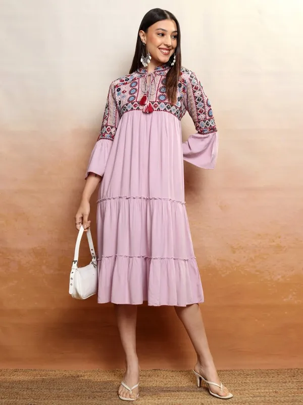Vishudh women Lavender Embroidered Drop-Waist Dress