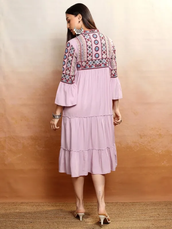 Vishudh women Lavender Embroidered Drop-Waist Dress
