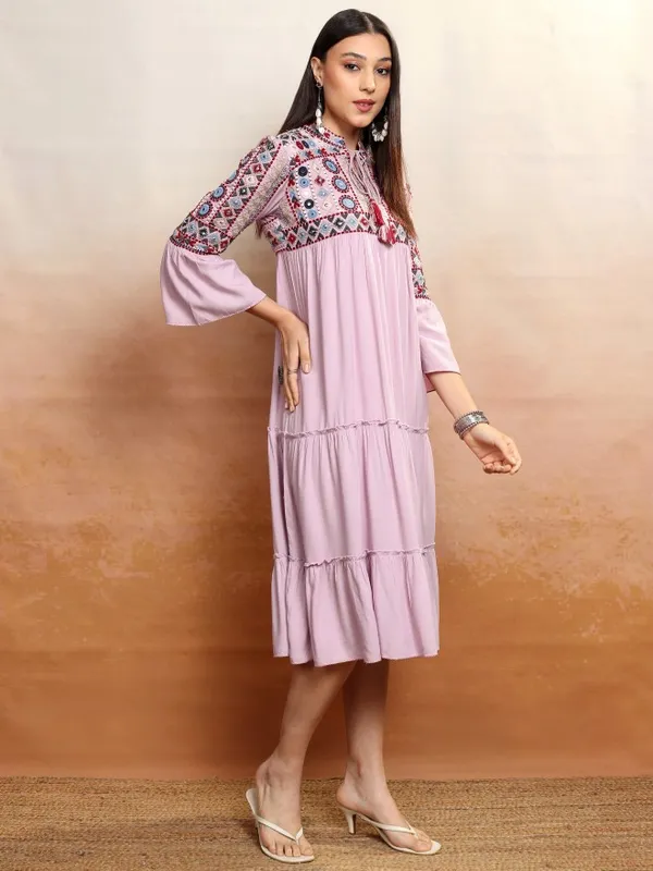 Vishudh women Lavender Embroidered Drop-Waist Dress