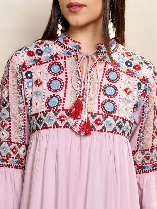 Vishudh women Lavender Embroidered Drop-Waist Dress