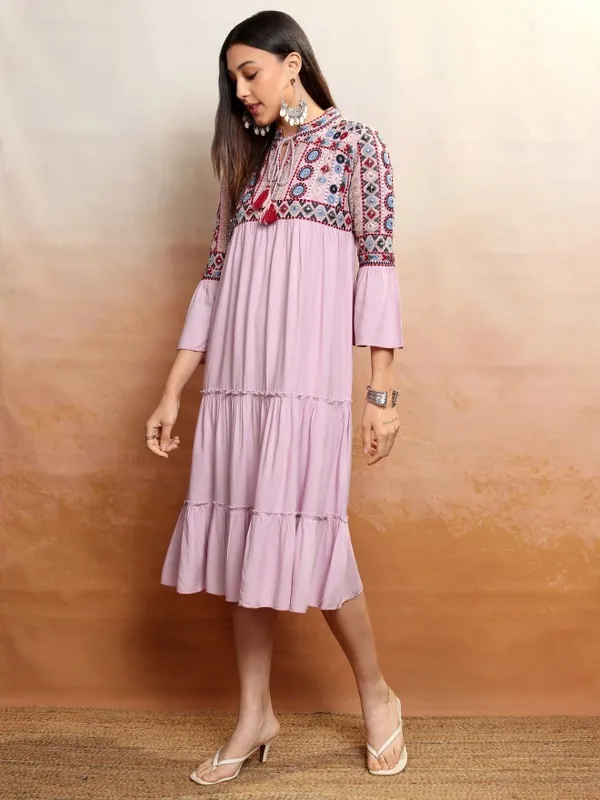 Vishudh women Lavender Embroidered Drop-Waist Dress