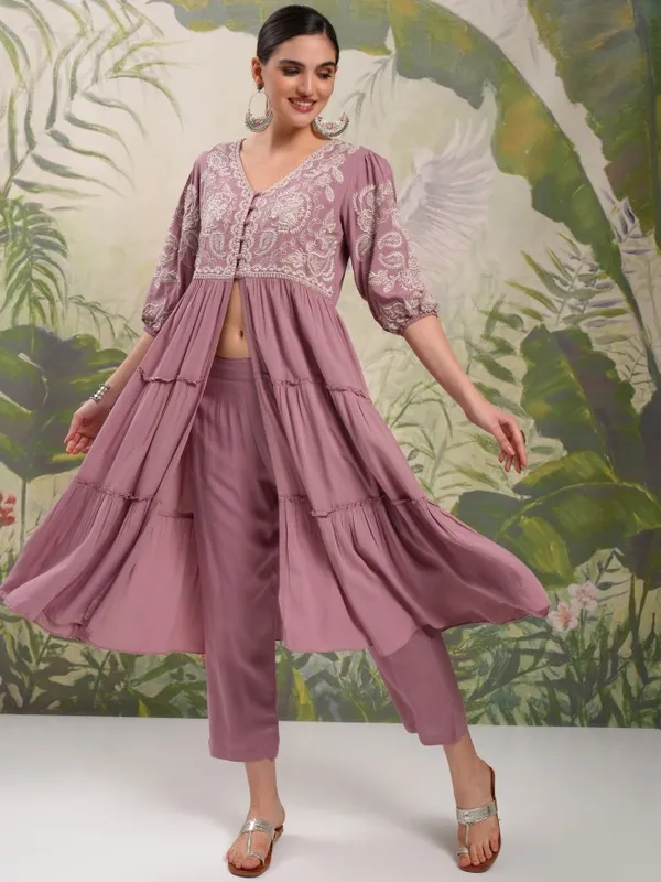 Vishudh Women Mauve Tunic With Trousers Co-Ords