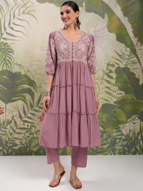 Vishudh Women Mauve Tunic With Trousers Co-Ords