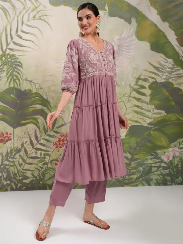 Vishudh Women Mauve Tunic With Trousers Co-Ords