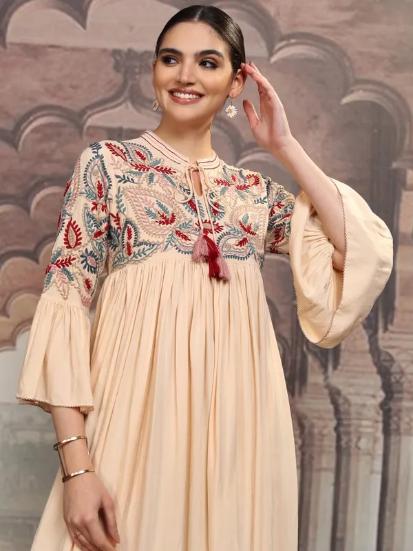Vishudh Women Beige Embroidered Maxi Dress