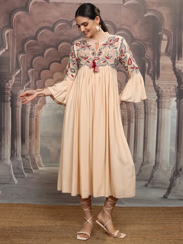Vishudh Women Beige Embroidered Maxi Dress