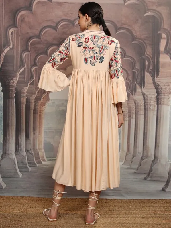 Vishudh Women Beige Embroidered Maxi Dress
