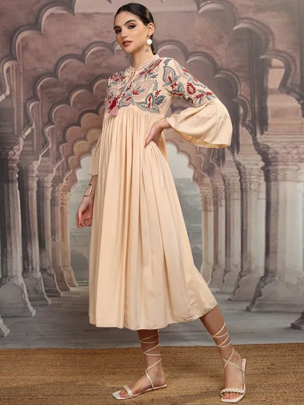 Vishudh Women Beige Embroidered Maxi Dress