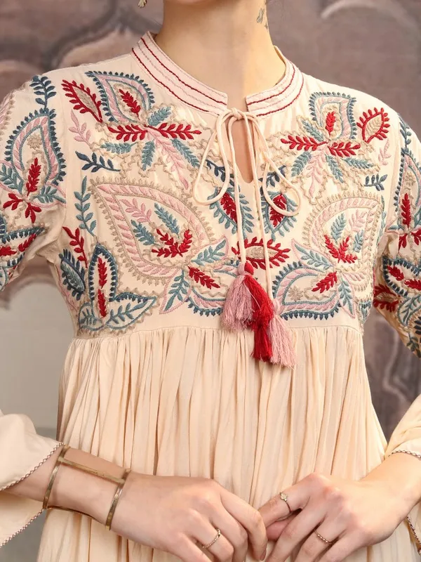 Vishudh Women Beige Embroidered Maxi Dress