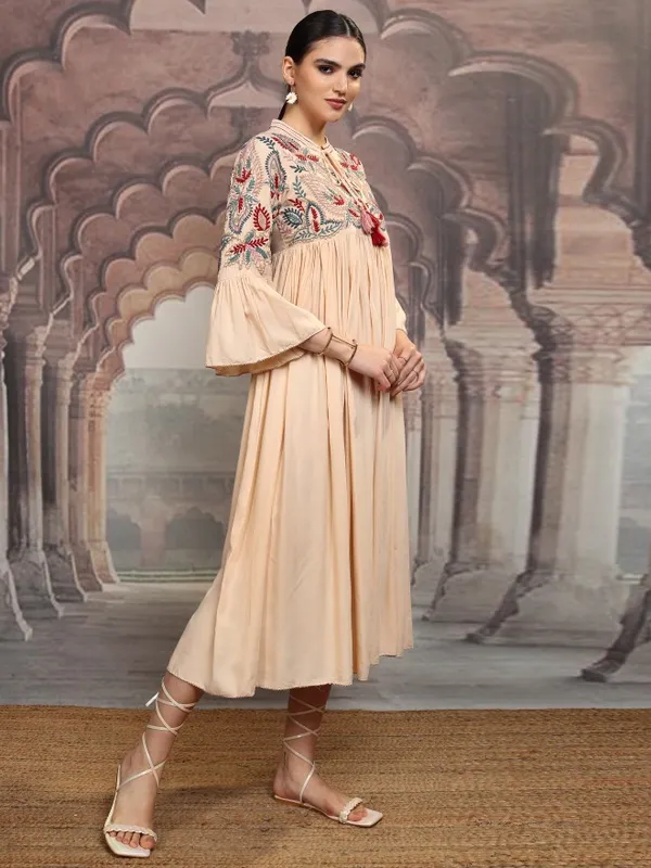 Vishudh Women Beige Embroidered Maxi Dress