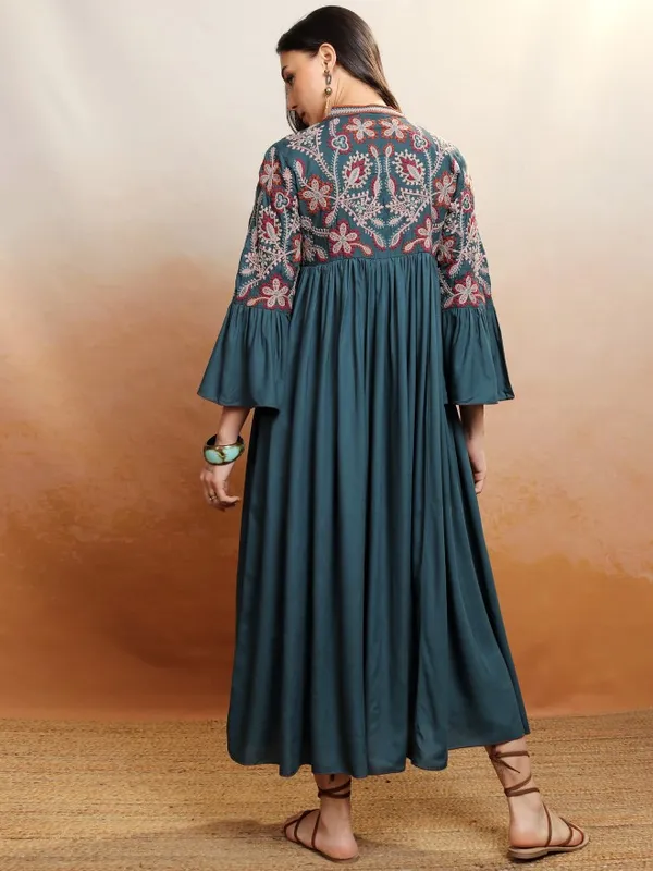 Vishudh Women Teal Embroidered Maxi Dress